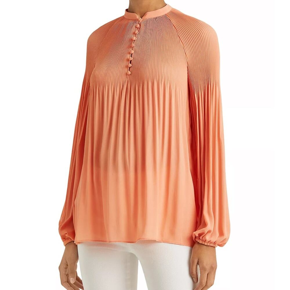 Lauren Ralph Lauren Bright Orange Blouse w/ Pleated Accents & Button-Up Front